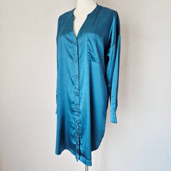 NWT EKOUAER Satin Night Sleepshirt Button-Down Pocket V-Neck Long Sleeve Blue - Picture 1 of 12